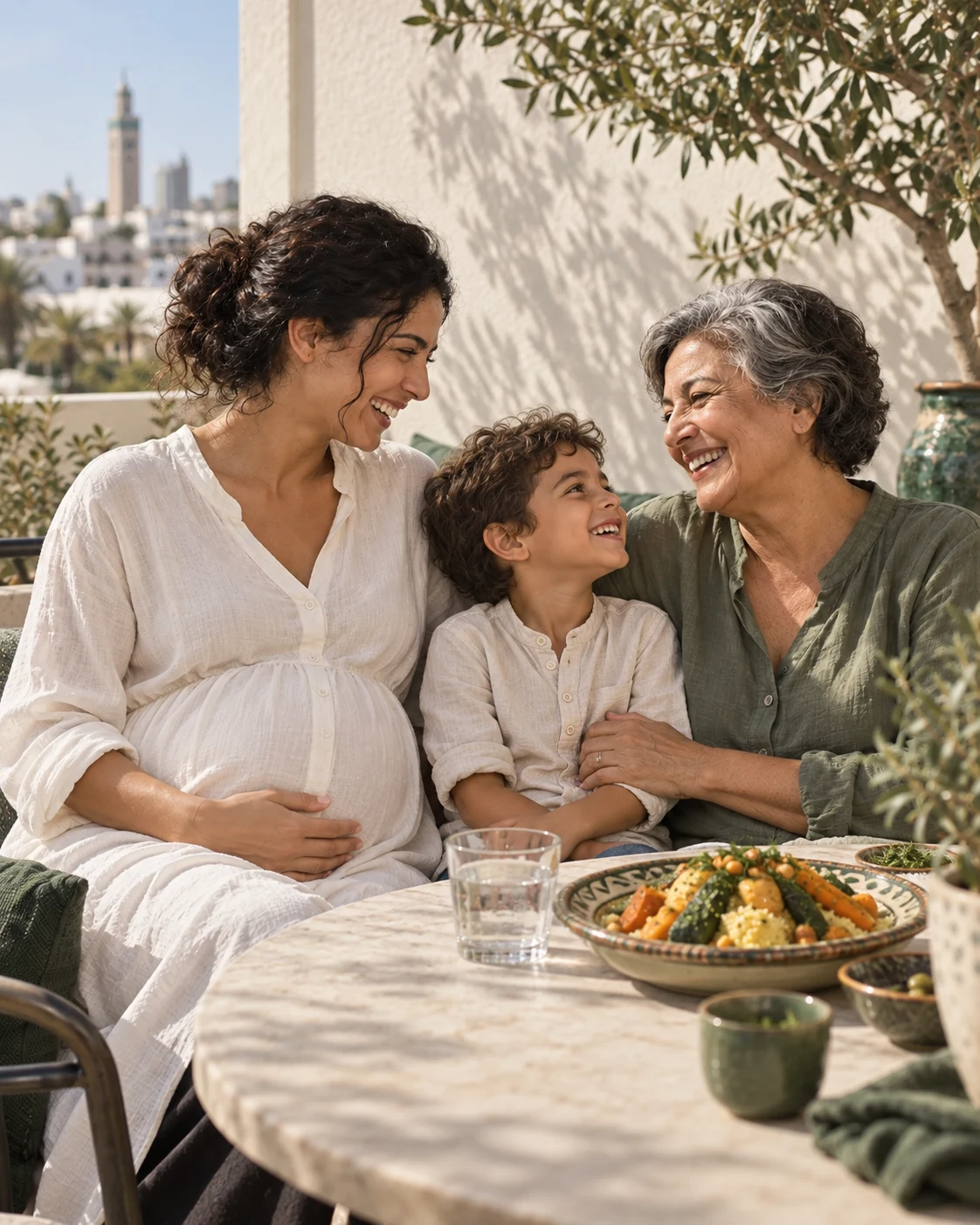 Une mère enceinte, sa mère et un enfant souriant autour d’une assiette de couscous.